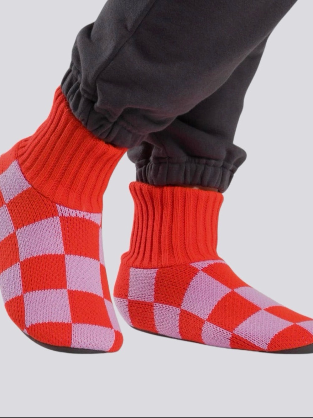 Checker Pattern Crew Socks in Red and Pink House Sock Soft Bottom